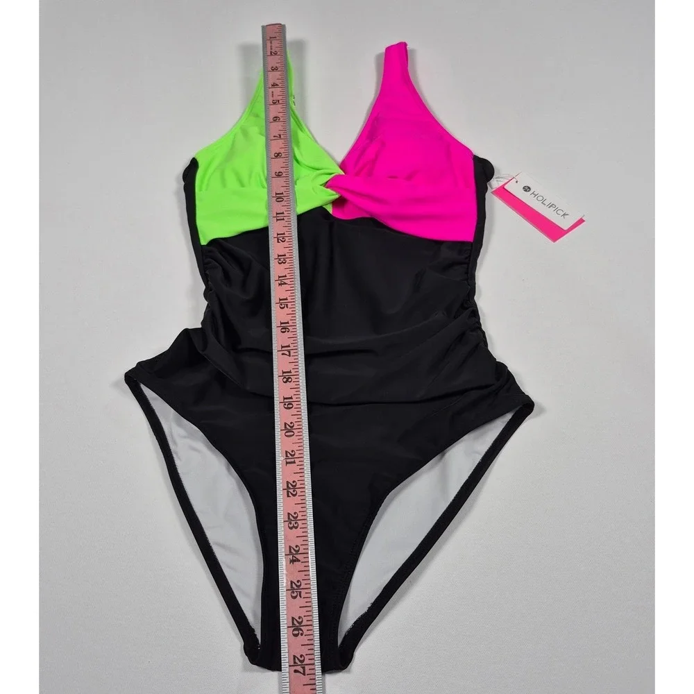 Holipick Neon Black Pink Green V-Neck Tummy Control One Piece Swimsuit Small NWT